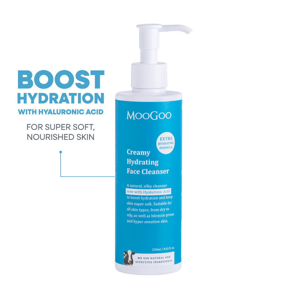 MooGoo Creamy Hydrating Face Cleanser 250ml on white backdrop, natural face cleanser for all skin types, Silky Smooth Formula With Hyaluronic Acid for Soft, Hydrated Skin