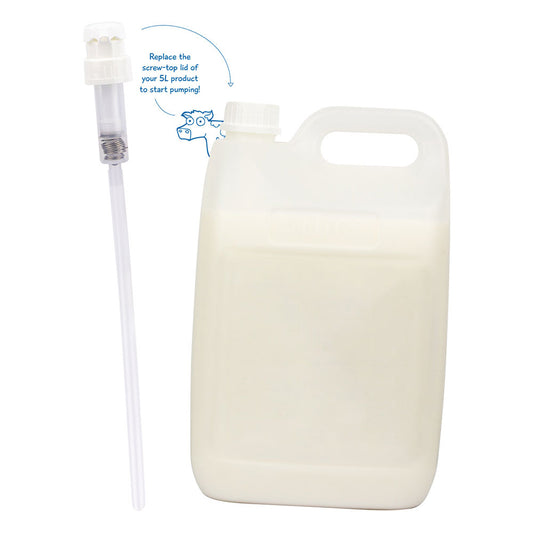 MooGoo 5 Litre Dispenser pump and container in white background. Replacement for 5L Milk Wash, Milk Shampoo or Cream Conditioner Container