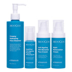 MooGoo anti-ageing face bundle containing four MooGoo skincare products arranged on a white background: a large blue pump bottle of Creamy Hydrating Face Cleanser, a small blue pump bottle of Amplified Anti- ageing Peptides Serum, a medium blue pump bottle of Anti-Ageing Skin Renewal Face Cream, and a larger blue pump bottle of Night Restoration Cream. Unlock youthful, radiant, hydrated skin.