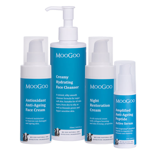 MooGoo anti-ageing antioxidant face bundle containing Antioxidant Anti-Ageing Face Cream, Creamy Hydrating Face Cleanser, Night Restoration Cream and Amplified Anti -Ageing Peptide Active Serum against white background. Unlock youthful, radiant, hydrated skin.