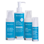 MooGoo anti-ageing face bundle containing Antioxidant Anti-Ageing Face Cream, Creamy Hydrating Face Cleanser, Night Restoration Cream and Amplified Anti -Ageing Peptide Active Serum against white background. Unlock youthful, radiant, hydrated skin.