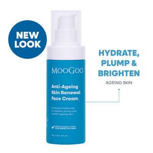 MooGoo Anti-Ageing Skin Renewal Face Cream in a blue and white pump bottle, shown on a white background. New & Improved. Deeply hydrate, plump & Brighten ageing skin. Smooth texture & reduces fine lines. 