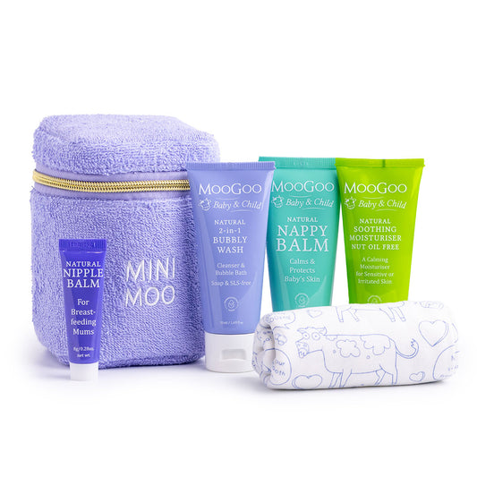 MooGoo Baby Travel Pack on white background, newborn travel essentials bundle with 2-in-1 bubbly wash, Natural Nappy Balm, Natural Nut Oil Free Soothing Moisturiser, Nipple Balm and Baby Cloth.