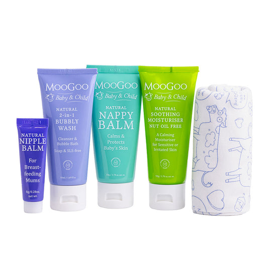 MooGoo Mini Moo Baby Travel Pack products displayed on plain background featuring Natural Nipple Balm, Baby 2-in-1 Bubbly Wash, Natural Nappy Balm, Soothing Moisturiser Nut Oil Free and Baby Cloth