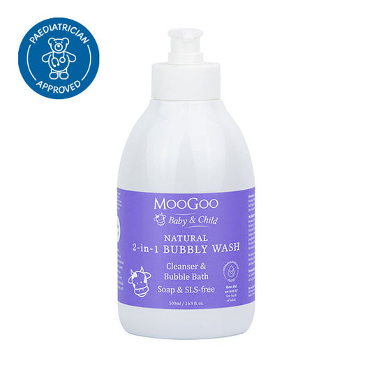 MooGoo natural 2 in 1 bubbly wash in white background, Paediatrician approved gentle cleaner & bubble bath. Soap & SLS free