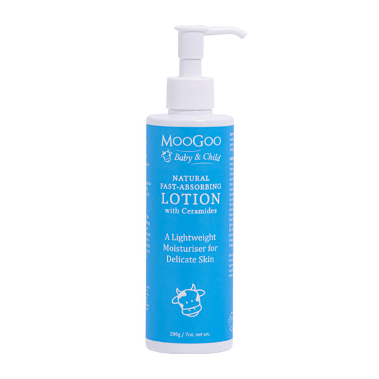 MooGoo baby and child natural fast absorbing lotion with ceramides 200g bottle in white background. A lightweight Moisturiser for delicate skin. 