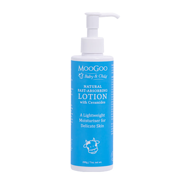 MooGoo baby and child natural fast absorbing lotion with ceramides 200g bottle in white background. A lightweight Moisturiser for delicate skin. 