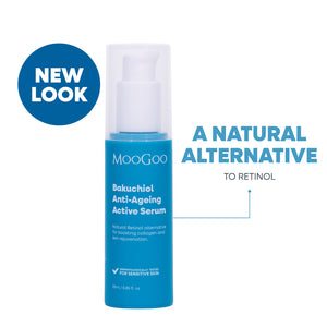 MooGoo Bakuchiol Anti-Ageing Active Serum in a bright blue bottle with a white pump, shown on a white background, plant-based, natural retinol alternative for boosting collagen and rejuvenating skin.