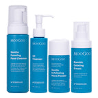 Blemish Control Set containing four MooGoo skincare products in blue and white packaging, including Gentle Foaming Face Cleanser, Oil Cleanser, Exfoliating Micro Powder, and Blemish Calming Cream, arranged against a plain white background. Complete gentle skincare routine for blemish or acne prone skin. 