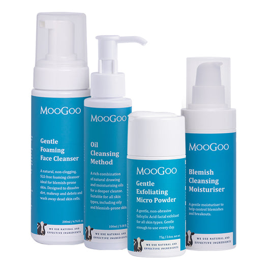 Full MooGoo blemish skincare routine pack on white backdrop, including Gentle Foaming Face Cleanser, Oil Cleansing Method, Exfoliating Micro Powder and Blemish Cleansing Moisturiser