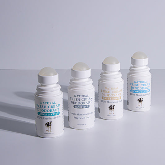 MooGoo Natural Fresh Cream Deodorant Super Fan Value Set with Coconut Cream, Lemon Myrtle, Oats & Honey and Sensitive fragrance free lines up without lids, 100% aluminium free