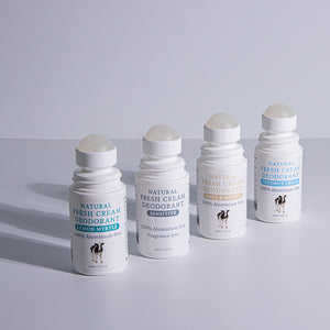 MooGoo Natural Fresh Cream Deodorant Super Fan Value Set with Coconut Cream, Lemon Myrtle, Oats & Honey and Sensitive fragrance free lines up without lids, 100% aluminium free