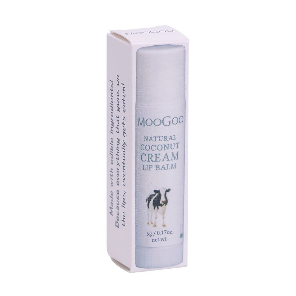 MooGoo Natural Coconut Cream Lip Balm in box on plain white background, nourishing lip care made with edible ingredients for soft hydrated lips