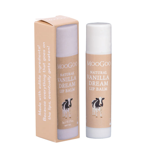 MooGoo Vanilla Dream Lip Balm boxed packaging on clean backdrop, natural moisturising lip balm for dry chapped lips made with edible safe ingredients, petroleum free, all natural.