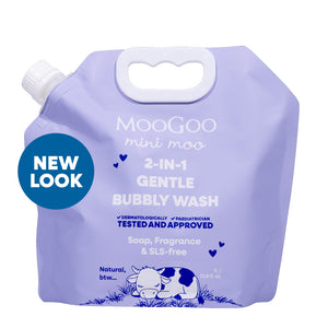 Purple packaging of MooGoo baby and child mini moo 2-in-1 Gentle Bubbly Wash with a cow illustration on a white background. Paediatrician approved gentle cleaner & bubble bath. Soap & SLS free. 