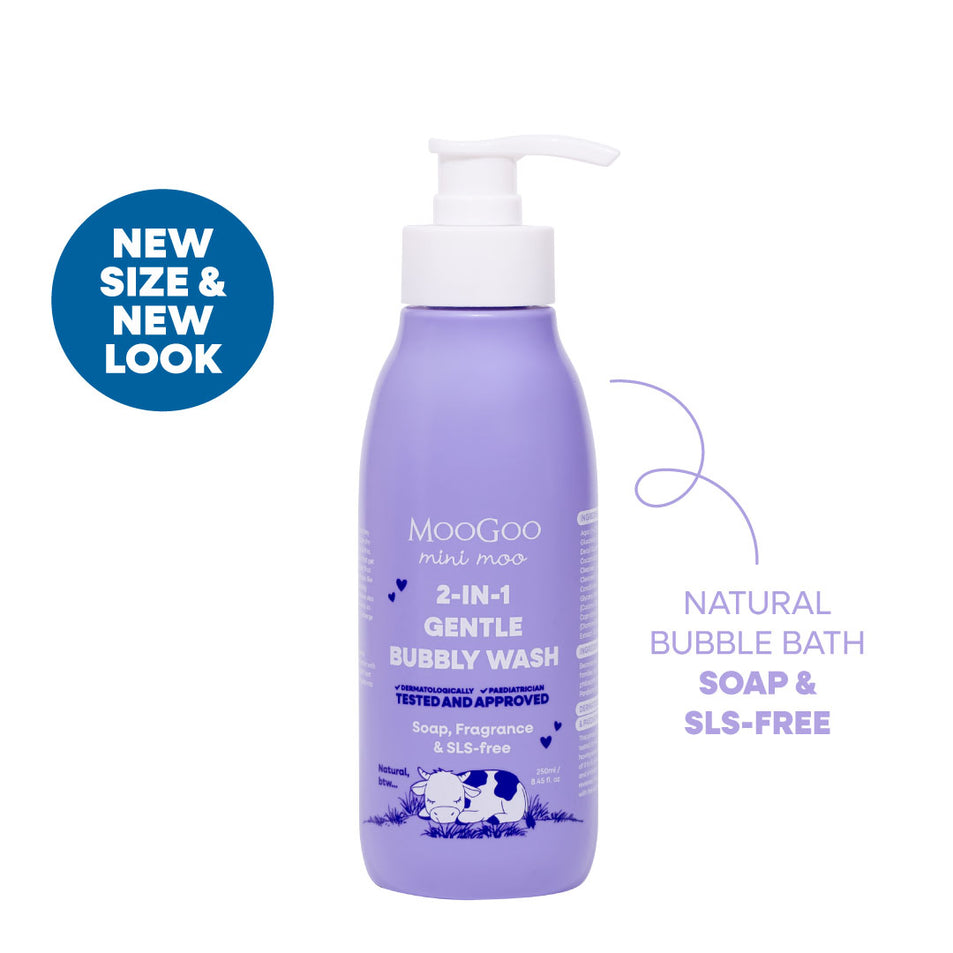 MooGoo natural 2 in 1 bubbly wash in white background, Paediatrician approved gentle cleaner & bubble bath. Soap & SLS free