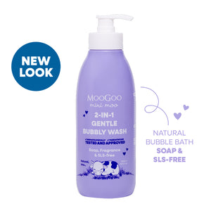 MooGoo natural 2 in 1 bubbly wash in white background, Paediatrician approved gentle cleaner & bubble bath. Soap & SLS free