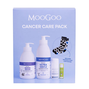 MooGoo Cancer Care Pack gift box, featuring natural gentle cleanser, lightweight fast hydrating lotion, fragrance-free deodorant, lip balm and cow socks