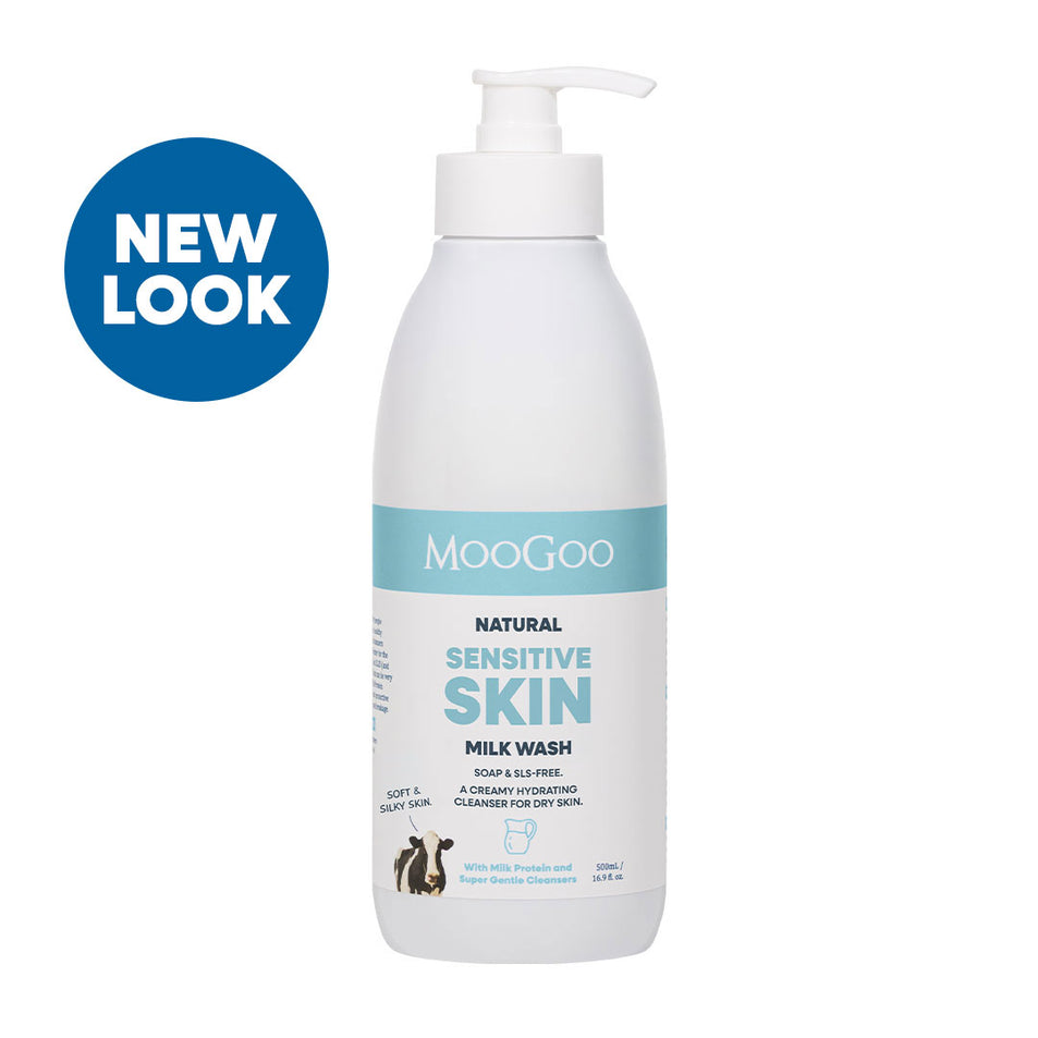 MooGoo Natural Milk Wash shown plain, hydrating face and body wash with phthalate free fragrance for sensitive skin
