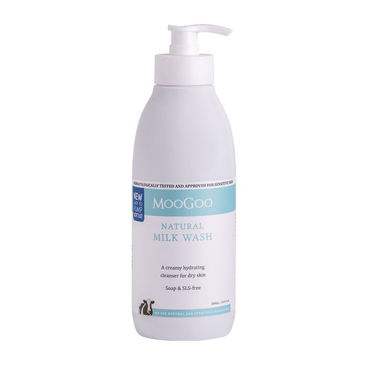 MooGoo Natural Milk Wash shown plain, hydrating face and body wash with phthalate free fragrance for sensitive skin