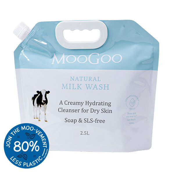 Eco friendly refill pouch of MooGoo Natural Milk Wash 2.5L, creamy cleanser for sensitive dry skin, soap and sulphate free