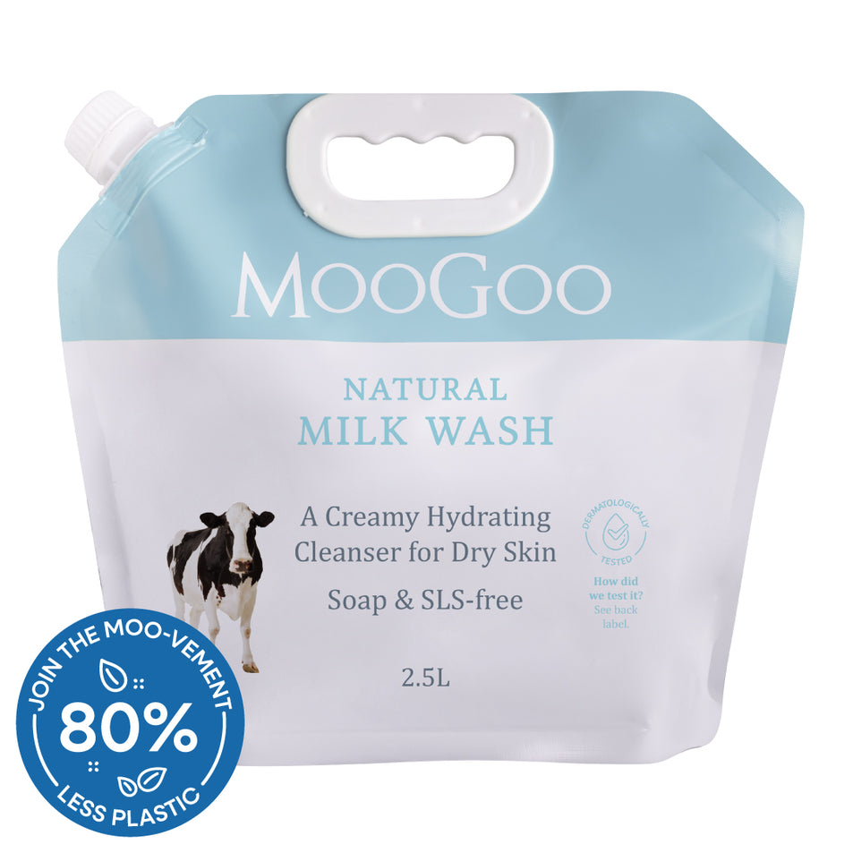 Eco friendly refill pouch of MooGoo Natural Milk Wash 2.5L, creamy cleanser for sensitive dry skin, soap and sulphate free