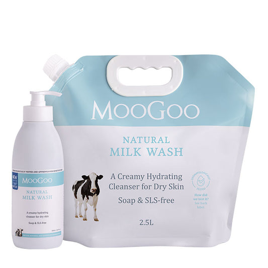 MooGoo Milk Wash 500ml pump and 2.5L bulk refill set photographed on white background, low-irritant cleanser for face and body, paraben and SLS free