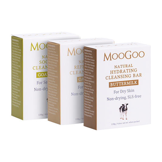 MooGoo Natural Cleansing Bar Trio on white background, with Buttermilk, Oatmeal and Goat’s Milk, non-drying soap bars for sensitive and dry skin SLS-free