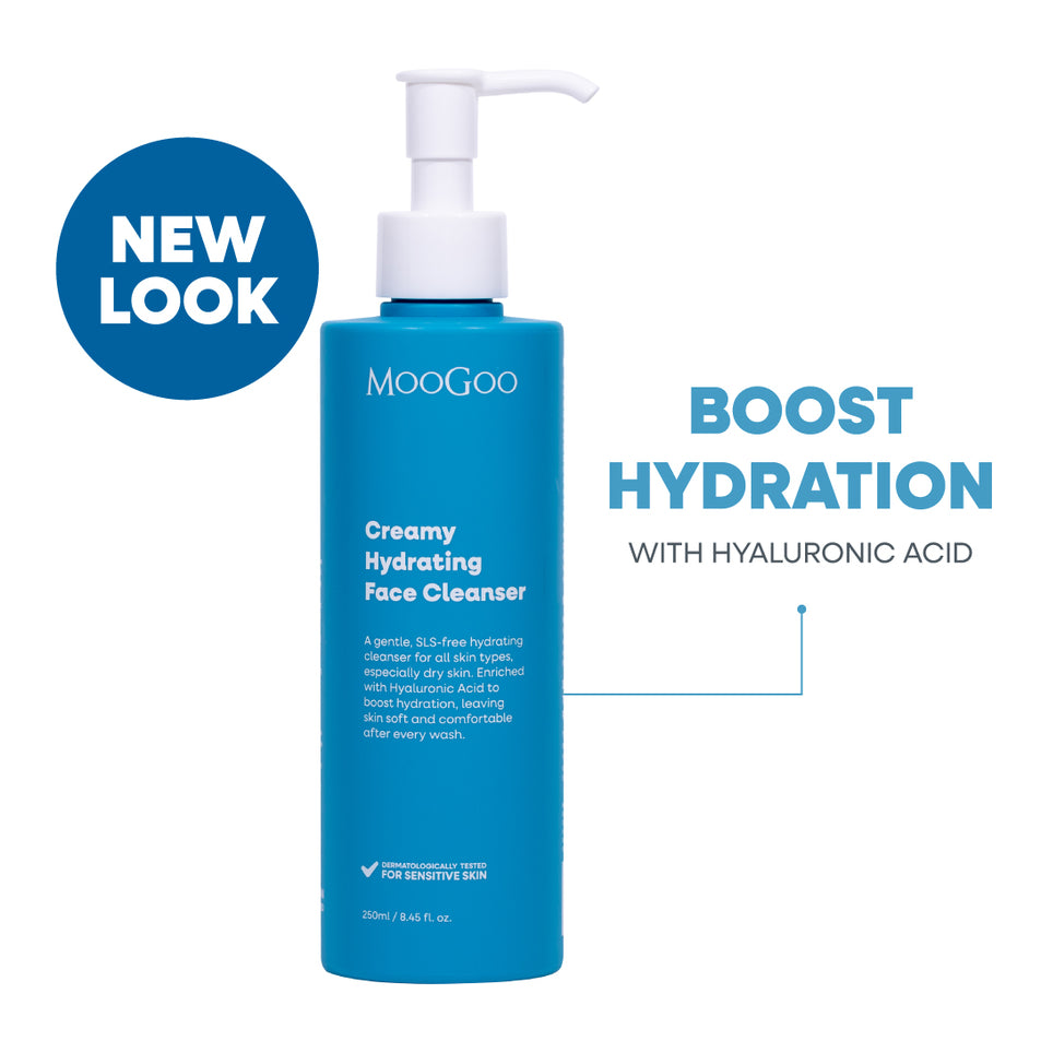 MooGoo Creamy Hydrating Face Cleanser in a bright blue pump bottle, shown on a white background, natural face cleanser for all skin types, Silky Smooth Formula With Hyaluronic Acid for Soft, Hydrated Skin.