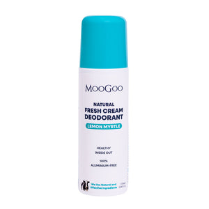 MooGoo Lemon Myrtle deodorant   shown on plain white background, natural Aluminium free roll-on formula to control odour without irritation