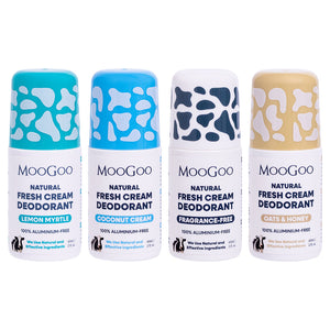 Four MooGoo Natural Fresh Cream Deodorant roll-on bottles lined up on a white background. The bottles feature cow-print caps. With Coconut Cream, Lemon Myrtle, Oats & Honey and Sensitive fragrance free, 100% aluminium and baking soda free. 