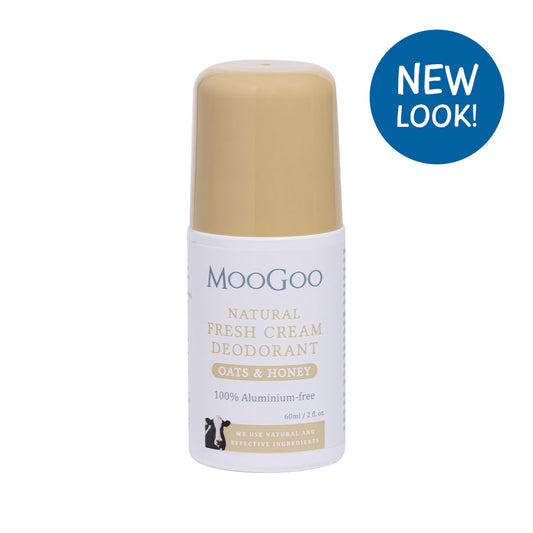 MooGoo Fresh Cream Deodorant Oats and Honey on white background, aluminium free natural roll-on with gentle alkaline formula to prevent odour