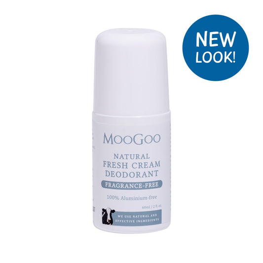 Natural Fresh Cream Deodorant Sensitive fragrance free variant by MooGoo, aluminium free deodorant on plain backdrop for delicate underarms