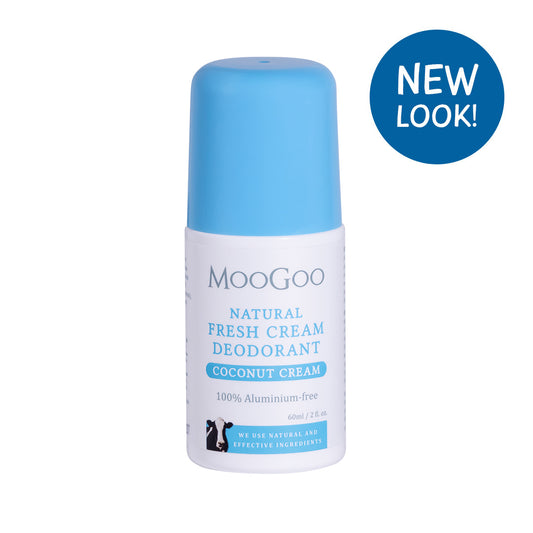 MooGoo Fresh Cream Deodorant Coconut Cream on plain background, natural deodorant free from parabens, phenoxyethanol and aluminium