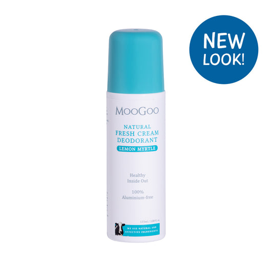 MooGoo Lemon Myrtle deodorant   shown on plain white background, natural Aluminium free roll-on formula to control odour without irritation