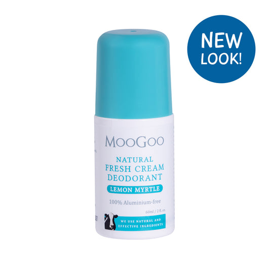 MooGoo Fresh Cream Deodorant Lemon Myrtle displayed on clean white backdrop, natural roll-on with light citrus fragrance and alkaline formula, natural roll-on formula to control odour without irritation.