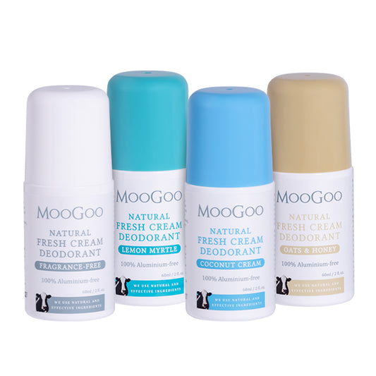 MooGoo Natural Fresh Cream Deodorant Super Fan Value Set with Coconut Cream, Lemon Myrtle, Oats & Honey and Sensitive fragrance free, 100% aluminium free