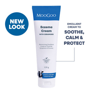 MooGoo Eczema Cream 120g tube on a white background with a blue 'NEW LOOK' badge and promotional text. Soothing and moisturising emollient to relieve dry, red itchy skin, PH balancing formula, Dermatologically tested.