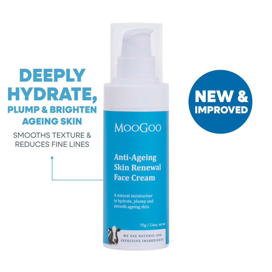 MooGoo anti-ageing skin renewal face cream bottle with text on a white background. New & Improved. Deeply hydrate, plump & Brighten ageing skin. Smooth texture & reduces fine lines. 