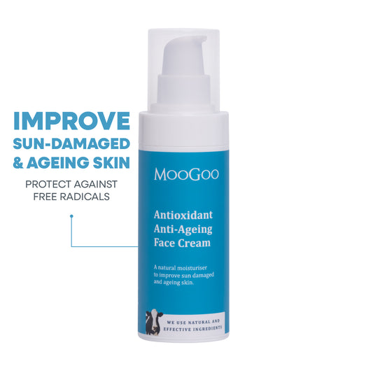 MooGoo Antioxidant Anti Ageing Face Cream 75g against white background, A natural moisturiser that improves sun damaged and ageing skin, protects against free radicals.