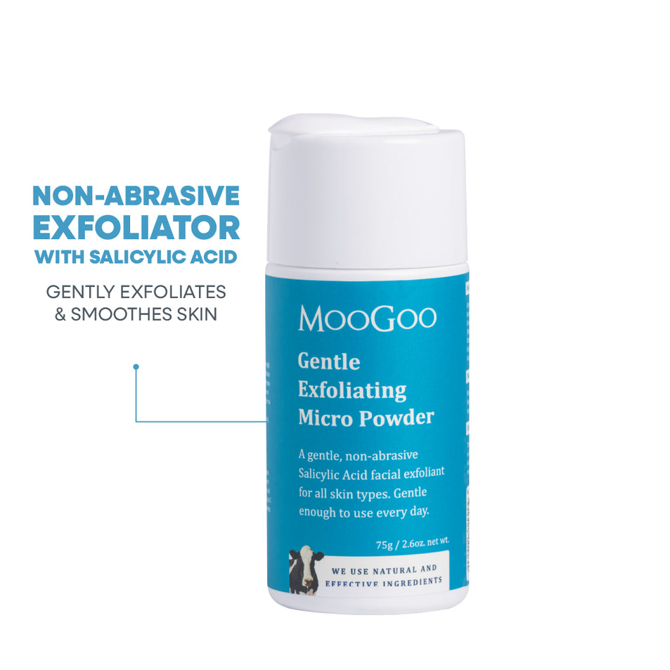 MooGoo Gentle Exfoliating Micro Powder on white background, salicylic acid facial exfoliant with rice bran powder, gently exfoliates and smoothes skin