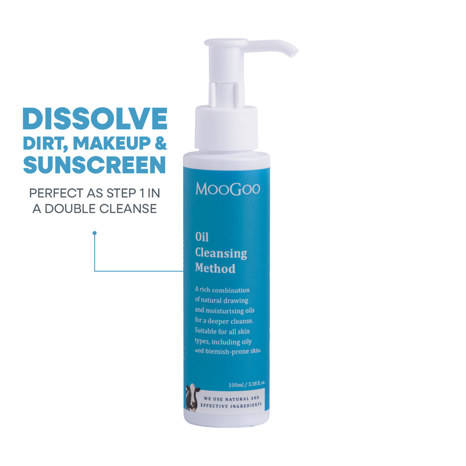 MooGoo Oil Cleansing Method 100ml bottle, natural oil-based face wash for dry or breakout-prone skin, removes makeup and sunscreen without stripping oils