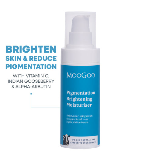 Pigmentation Brightening Moisturiser MooGoo 75g on white background, natural skincare with alpha arbutin, vitamin C and Indian gooseberry for radiant skin