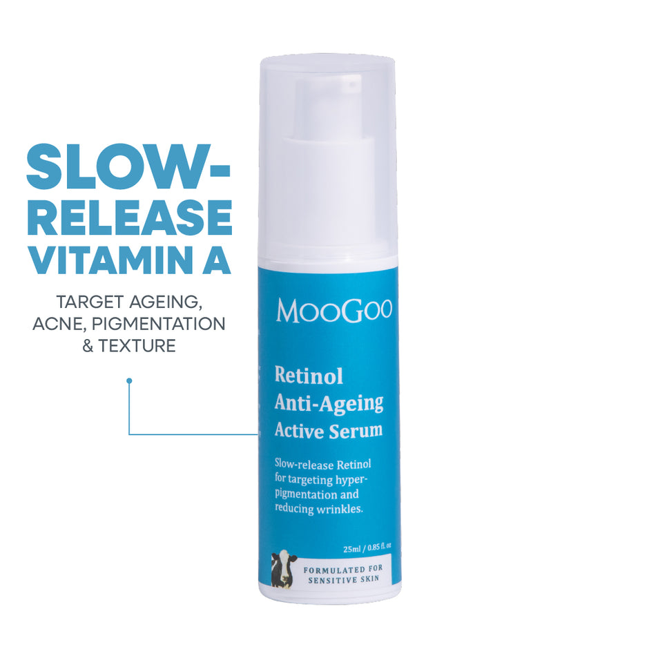 MooGoo Retinol Anti-Ageing Active Serum 25ml bottle with text highlighting slow-release Vitamin A for targeting fine lines, acne and uneven skin tone