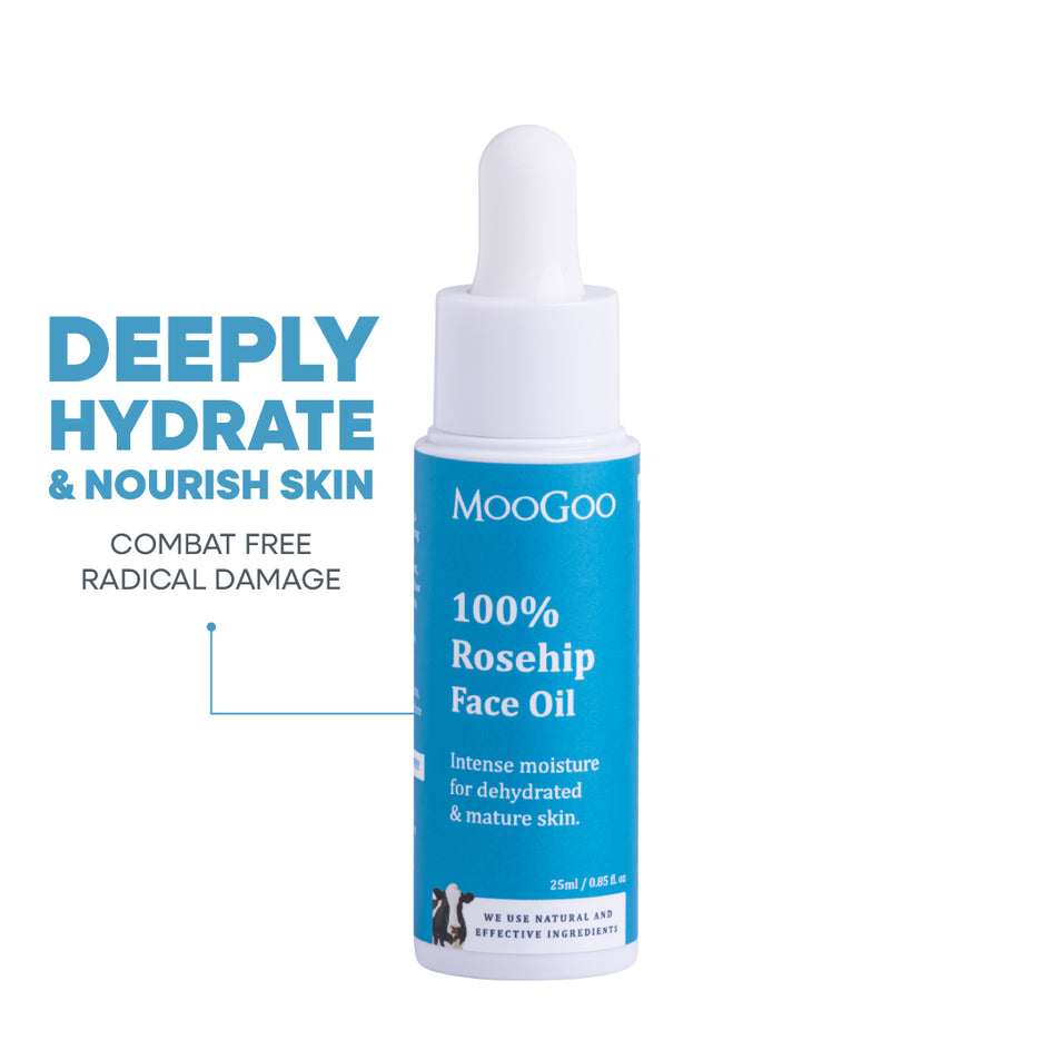 MooGoo 100% Rosehip Face Oil bottle in white background, deeply hydrates & nourishes mature skin