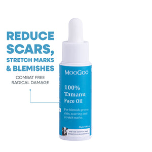 MooGoo Tamanu Face Oil bottle on a white background, reduces scars, stretch marks and blemishes.