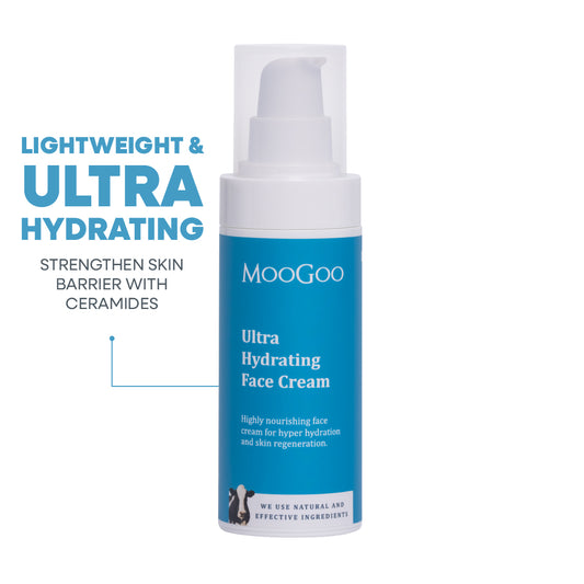 MooGoo Ultra Hydrating Face Cream photographed on white, lightweight daily cream with ceramides to strengthen skin barrier and improve hydration.