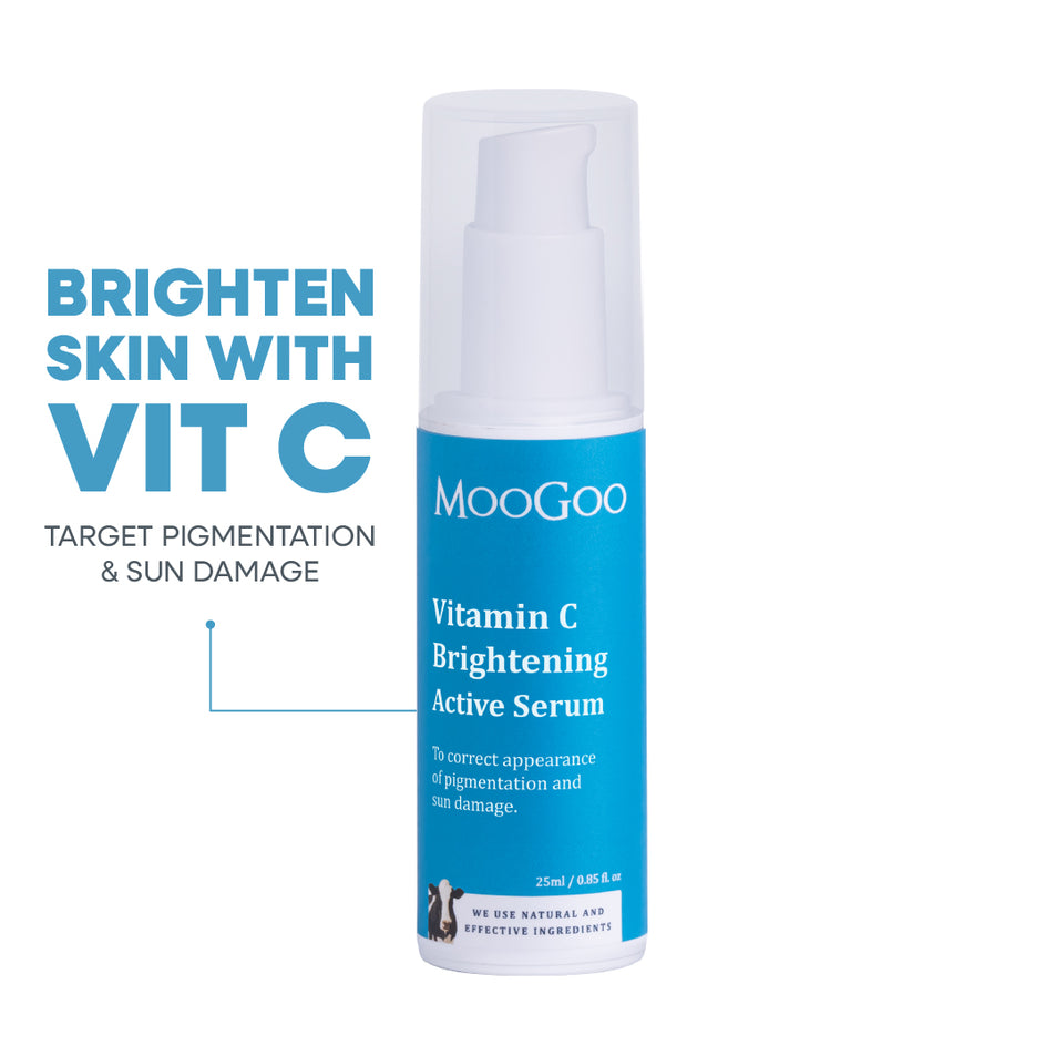 MooGoo Vitamin C Brightening Active Serum on white background with product text, antioxidant serum to target pigmentation, dark spots and sun damage.