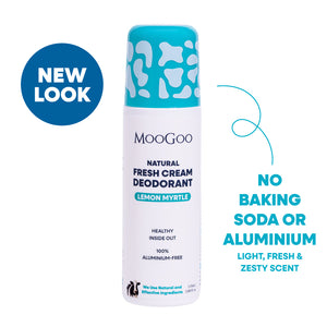 MooGoo Natural Fresh Cream Deodorant canister in Lemon Myrtle scent, featuring a white body and a turquoise cap with white spots. The image includes a blue 'NEW LOOK' badge on the left and a teal text callout on the right against a white background. Natural Aluminium and baking soda free roll-on formula to control odour without irritation. 
