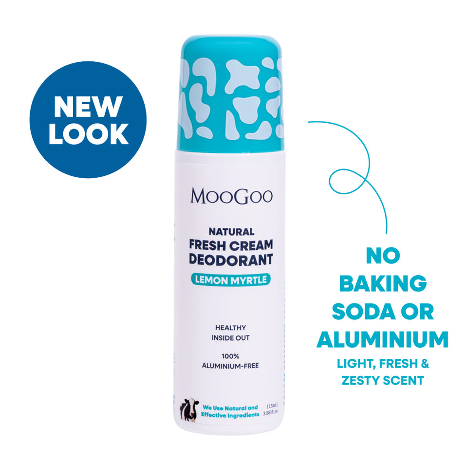 MooGoo Natural Fresh Cream Deodorant canister in Lemon Myrtle scent, featuring a white body and a turquoise cap with white spots. The image includes a blue 'NEW LOOK' badge on the left and a teal text callout on the right against a white background. Natural Aluminium and baking soda free roll-on formula to control odour without irritation. 